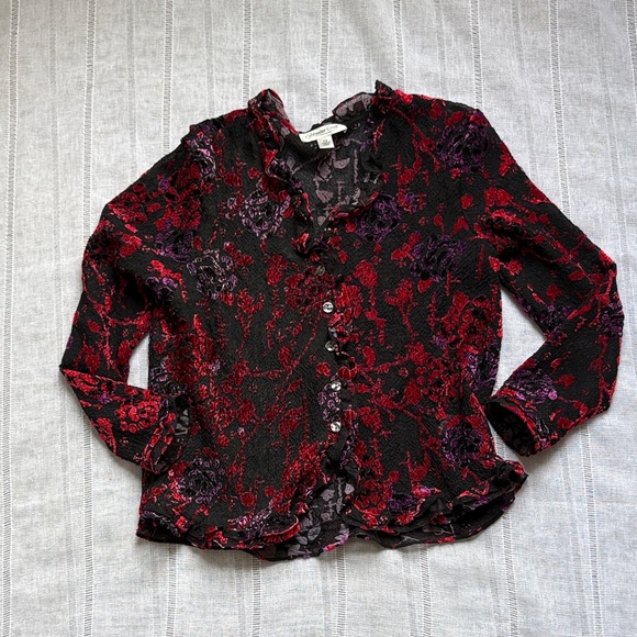 Coldwater Creek black and multicolor floral velvet burnout button-up top. - Picture 8 of 14